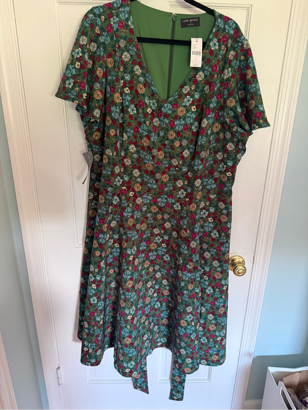 Lane Bryant Green Floral V-Neck Fit & Flare Dress